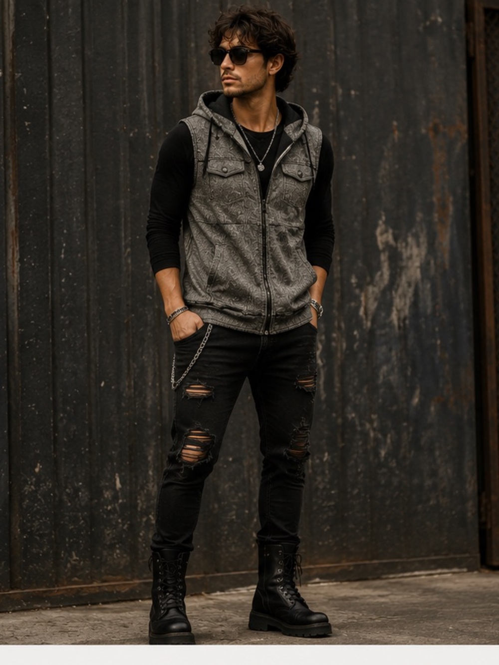 Rock & Republic Gray & Black Marled Sleeveless Hooded Vest